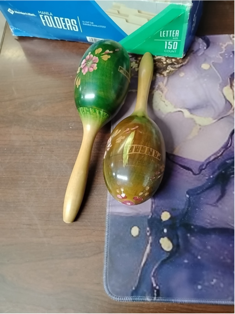 Pair Vintage Wood Maracas‎ 11" Hand Painted Etched Floral Percussion Instrument